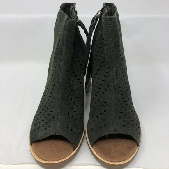 Toms Shoes - Toms Black Suede Perforated Leaf Women's Majorca Peep Toe Booties Green NIB !!!